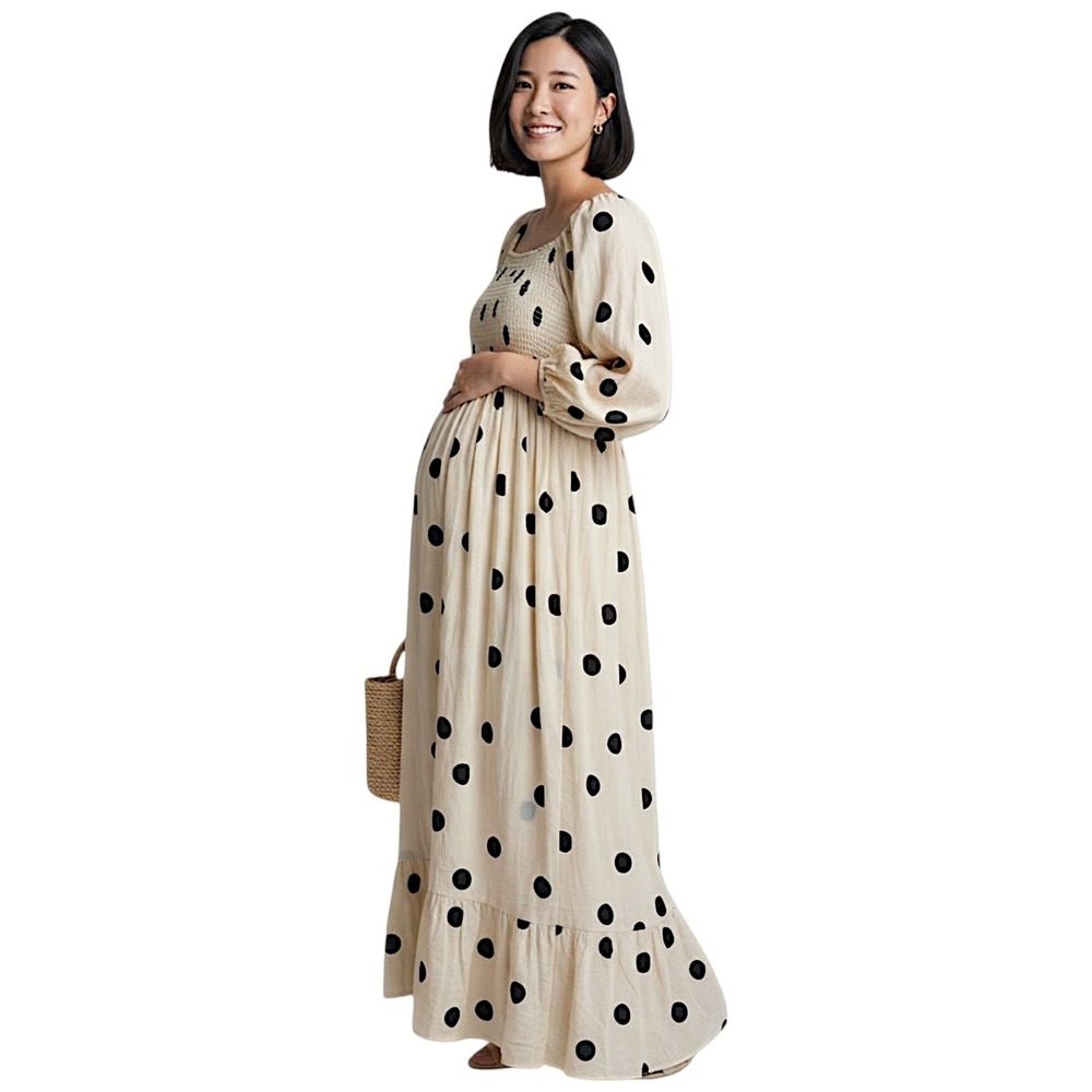 Seraphine Maxi Dress 12 Carmen Cream Black Polka Dot Shirred‎ Boho Maternity NEW